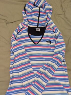 The North Face Striped Hooded V-Neck Pullover - Blue, Pink, White